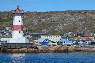 View of a small boathouse and dory from a small boat port in Saint Pierre and Miquelon